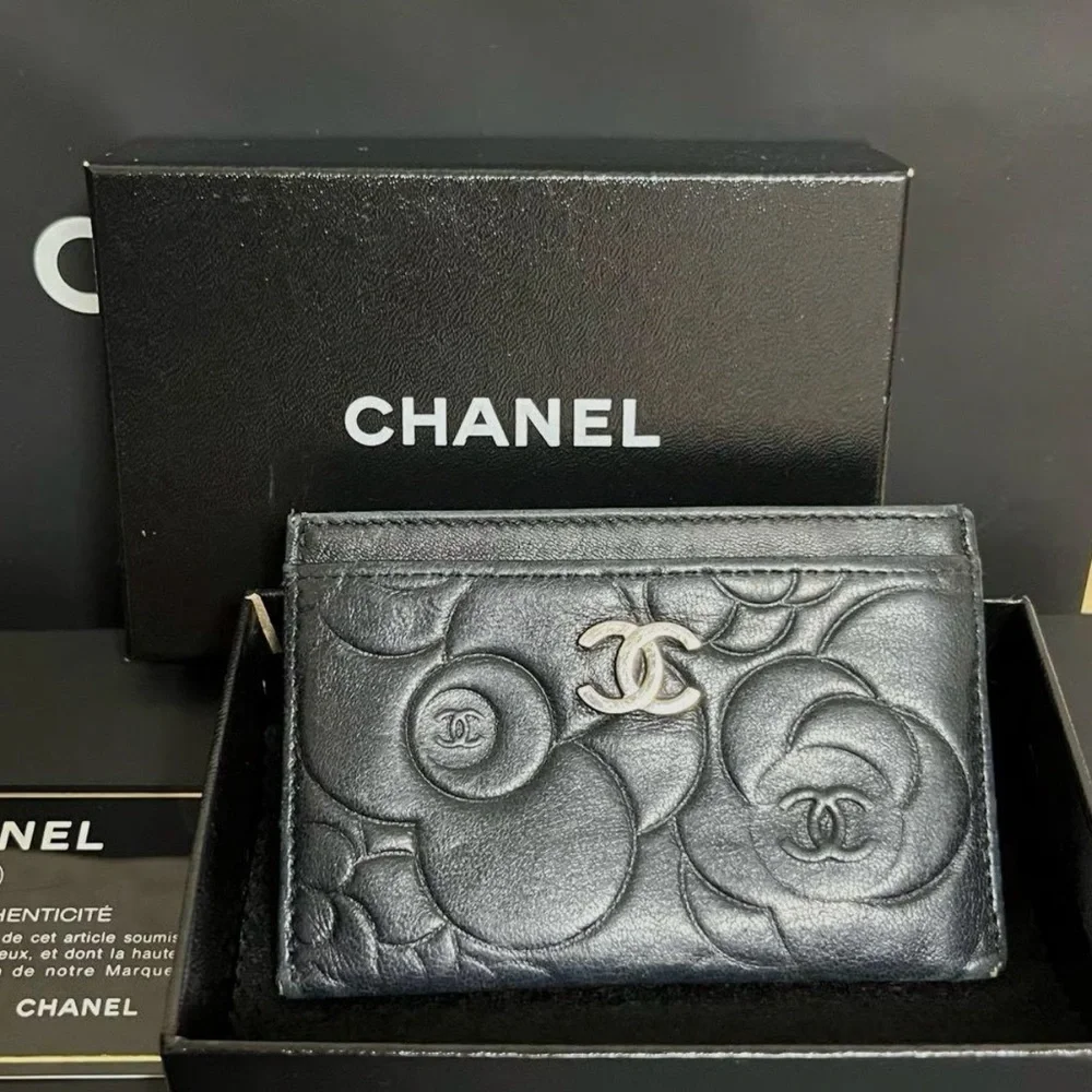 Chanel Black Leather Camellia Card Wallet